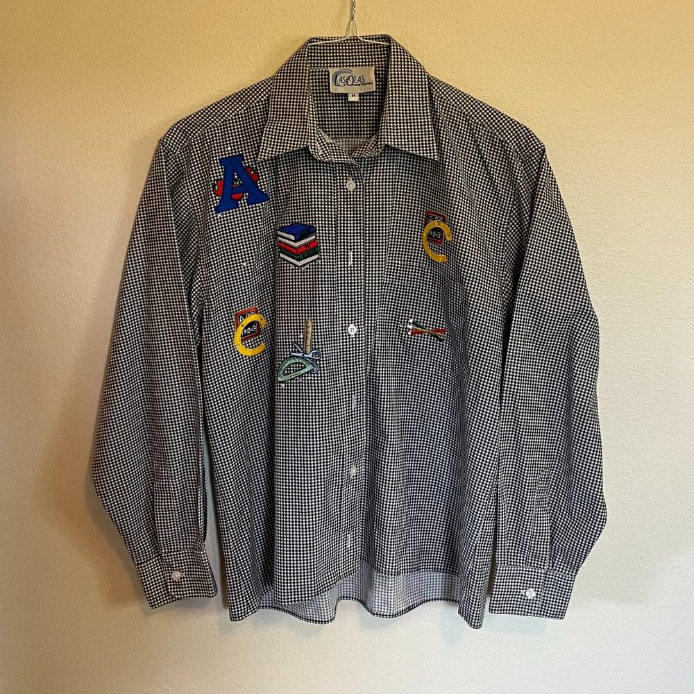 Long-sleeve button-down blouse with teacher embellishments